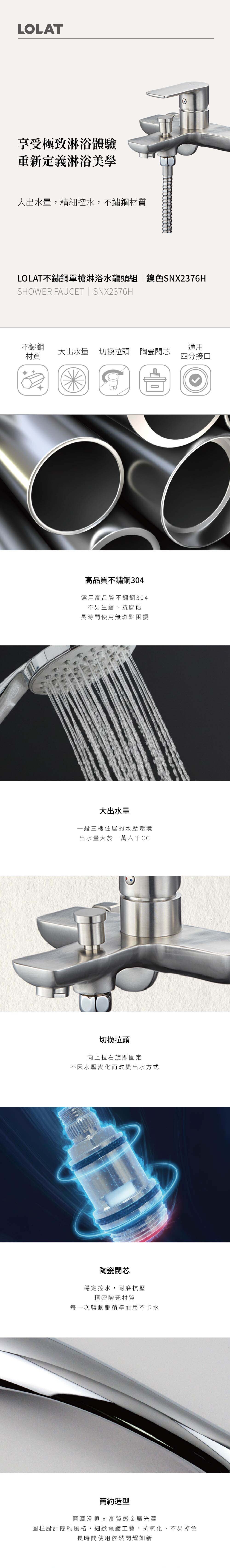 LOLAT不鏽鋼單槍淋浴水龍頭組-鎳色SNX2376H產品介紹。