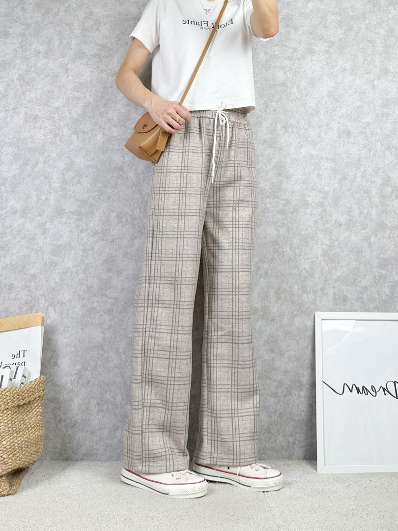 英倫質感格紋抽繩直筒寬褲 ⚡️搶現貨 限量一批⚡️