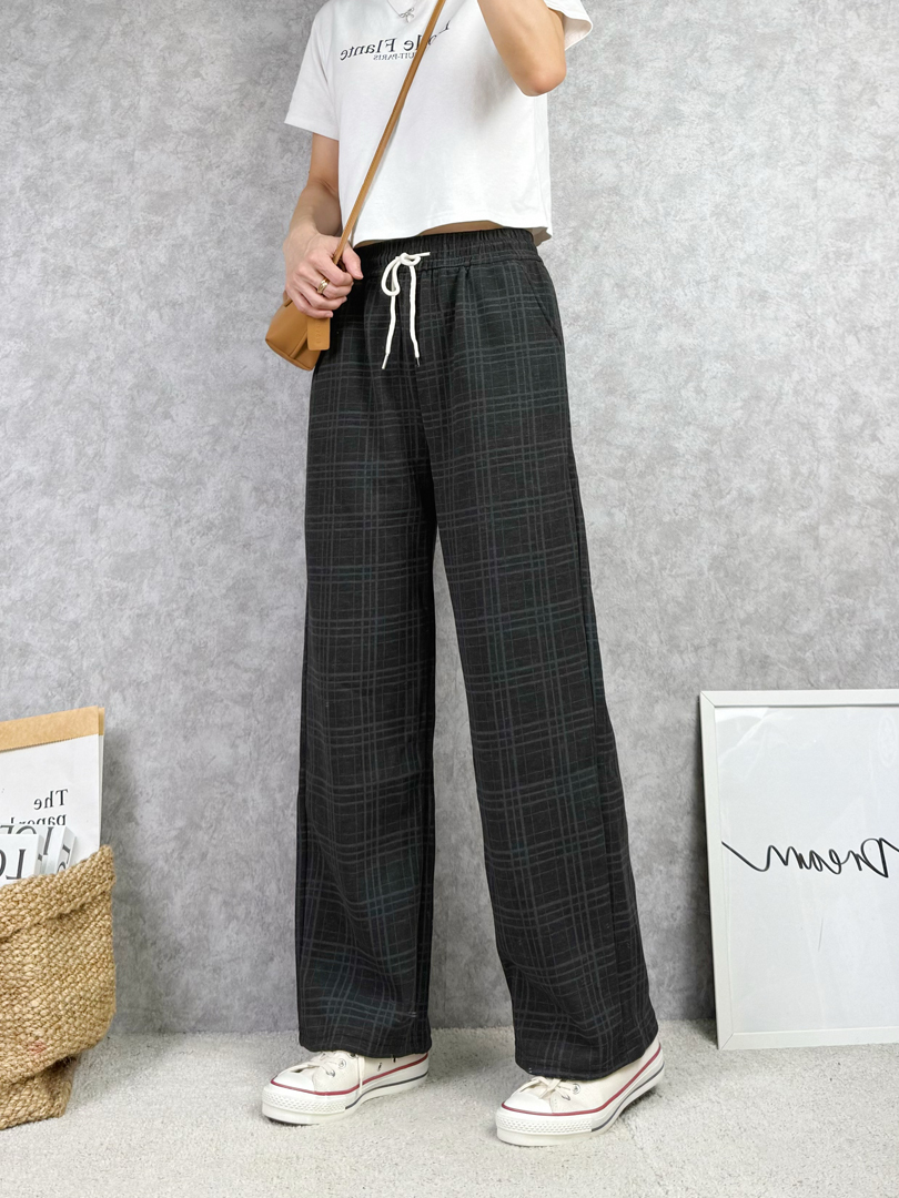 英倫質感格紋抽繩直筒寬褲 ⚡️搶現貨 限量一批⚡️