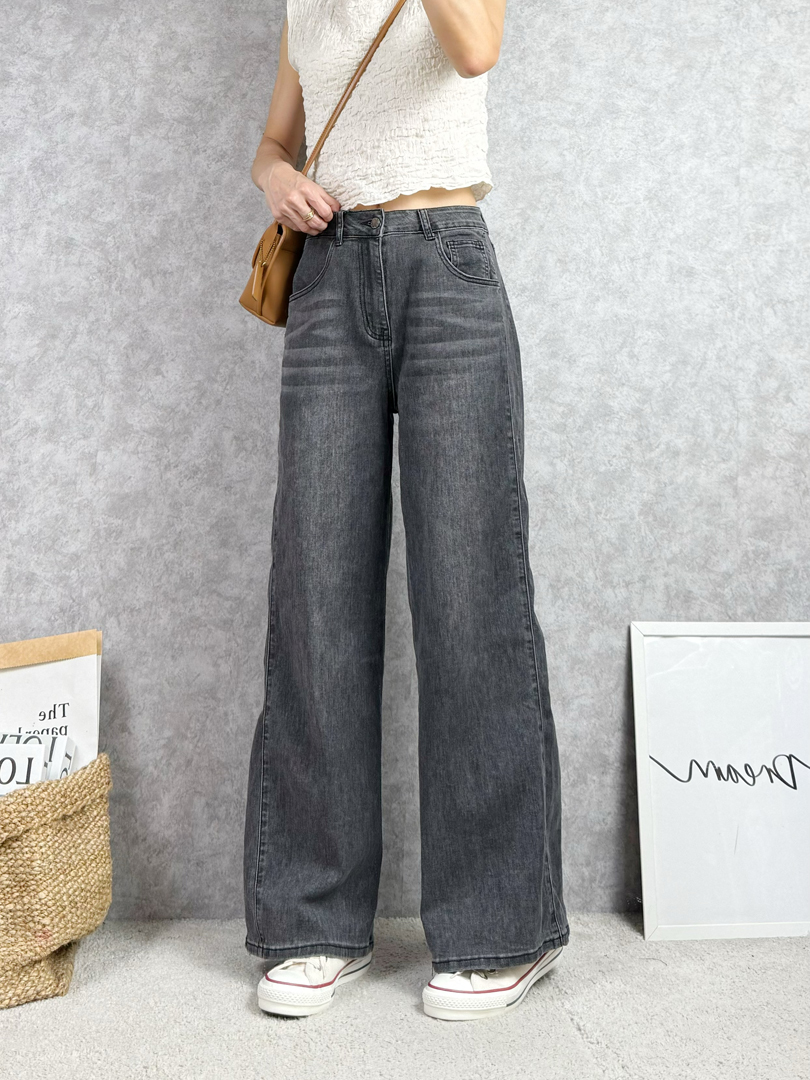 俐落直線感★黑灰洗色個性牛仔寬褲