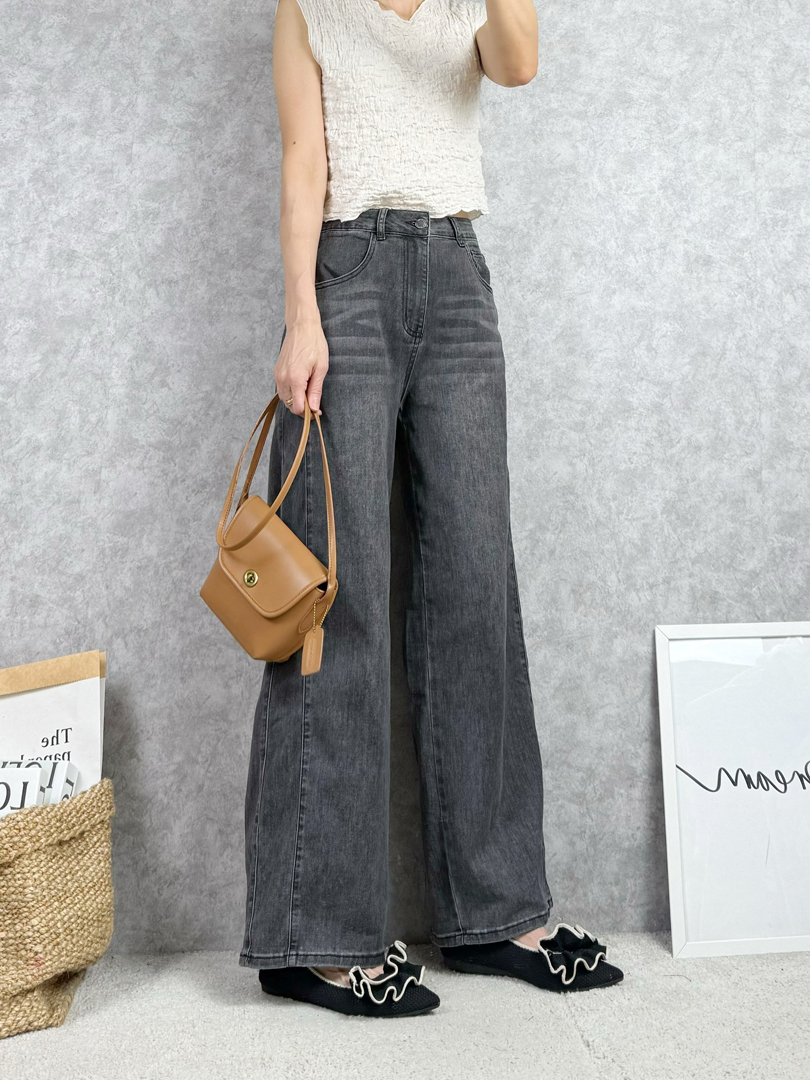 俐落直線感★黑灰洗色個性牛仔寬褲