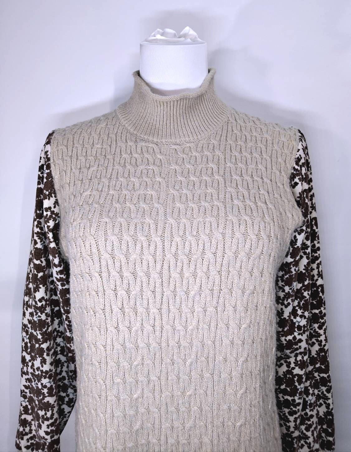 韓系慵懶高領編織拼接碎花長版連身裙 C44