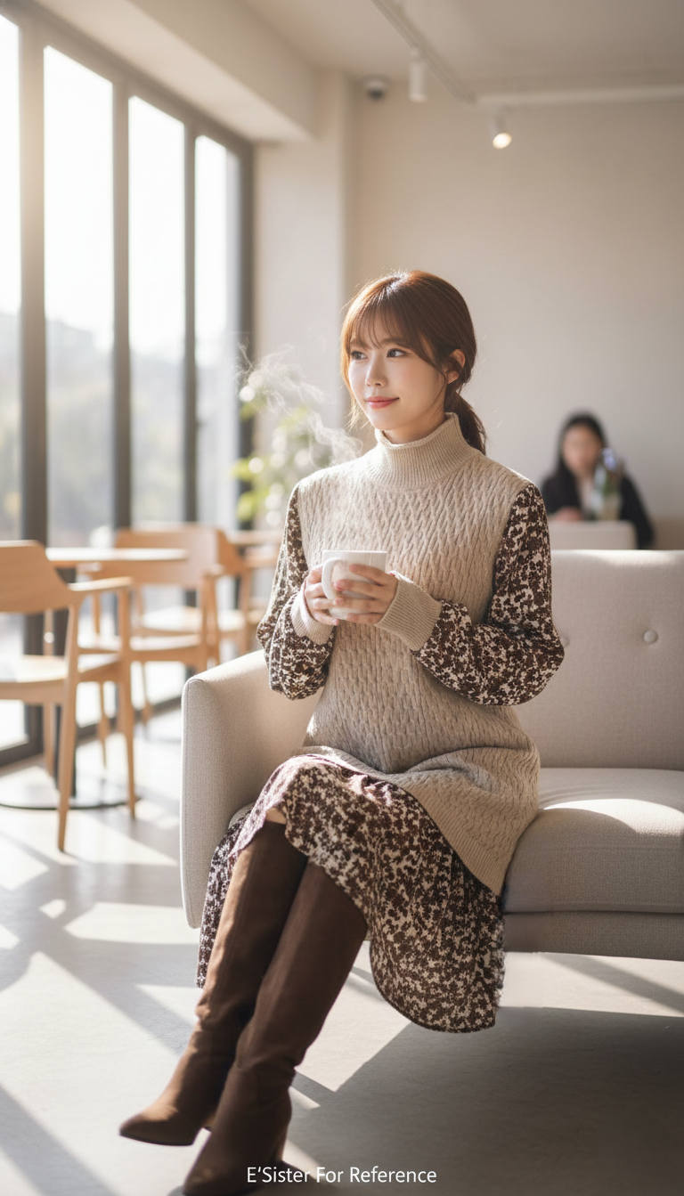 韓系慵懶高領編織拼接碎花長版連身裙 C44