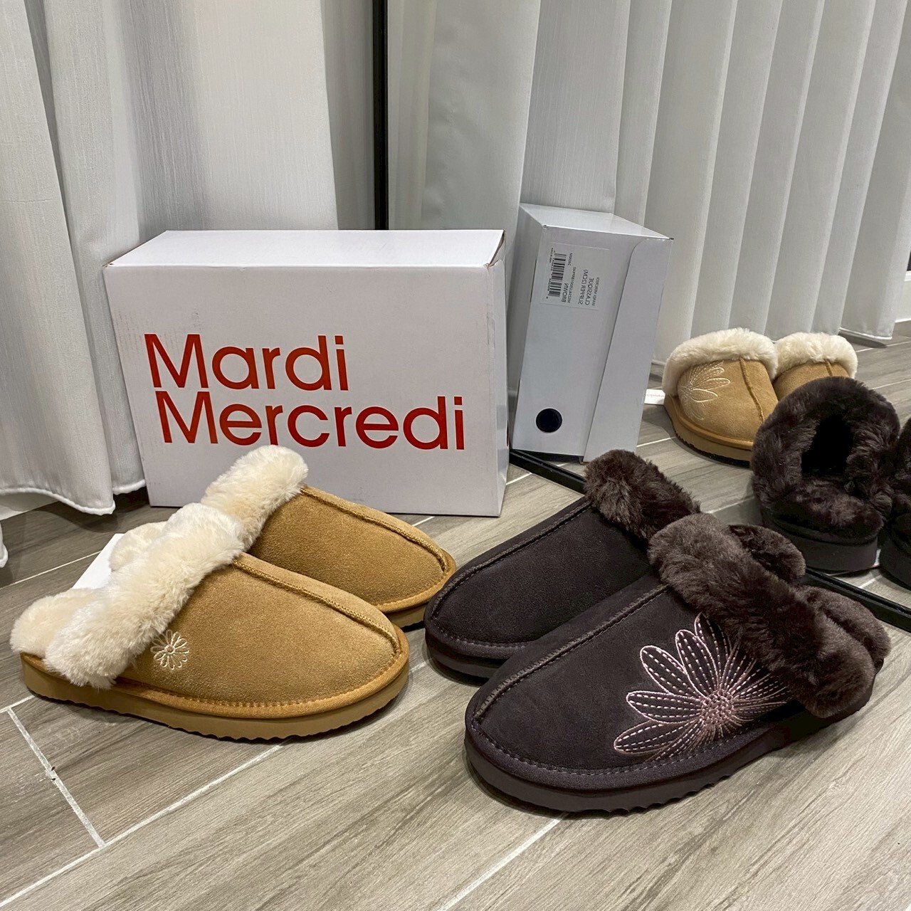 Mardi Mercredi 刺繡小雛菊 保暖 毛毛拖鞋 懶人鞋 雪靴