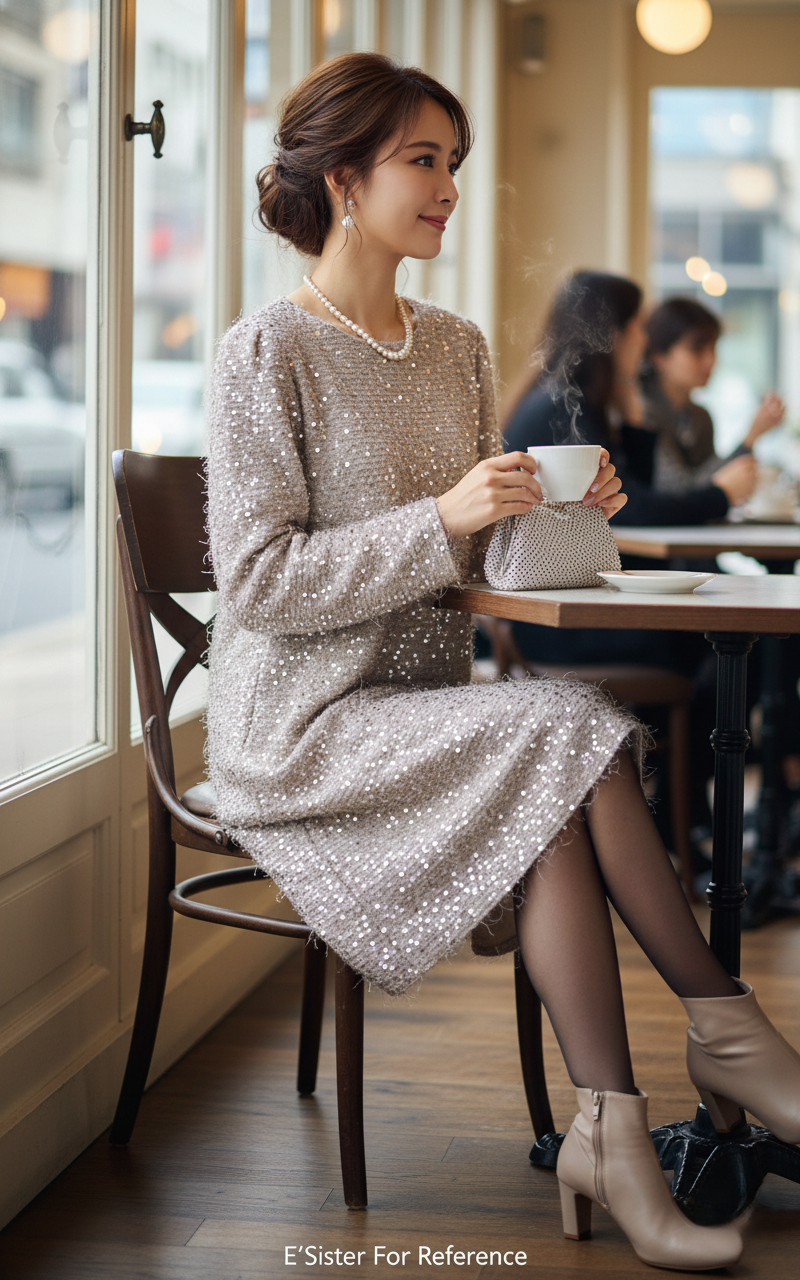 韓系名媛風閃耀珠光直筒洋裝 C47