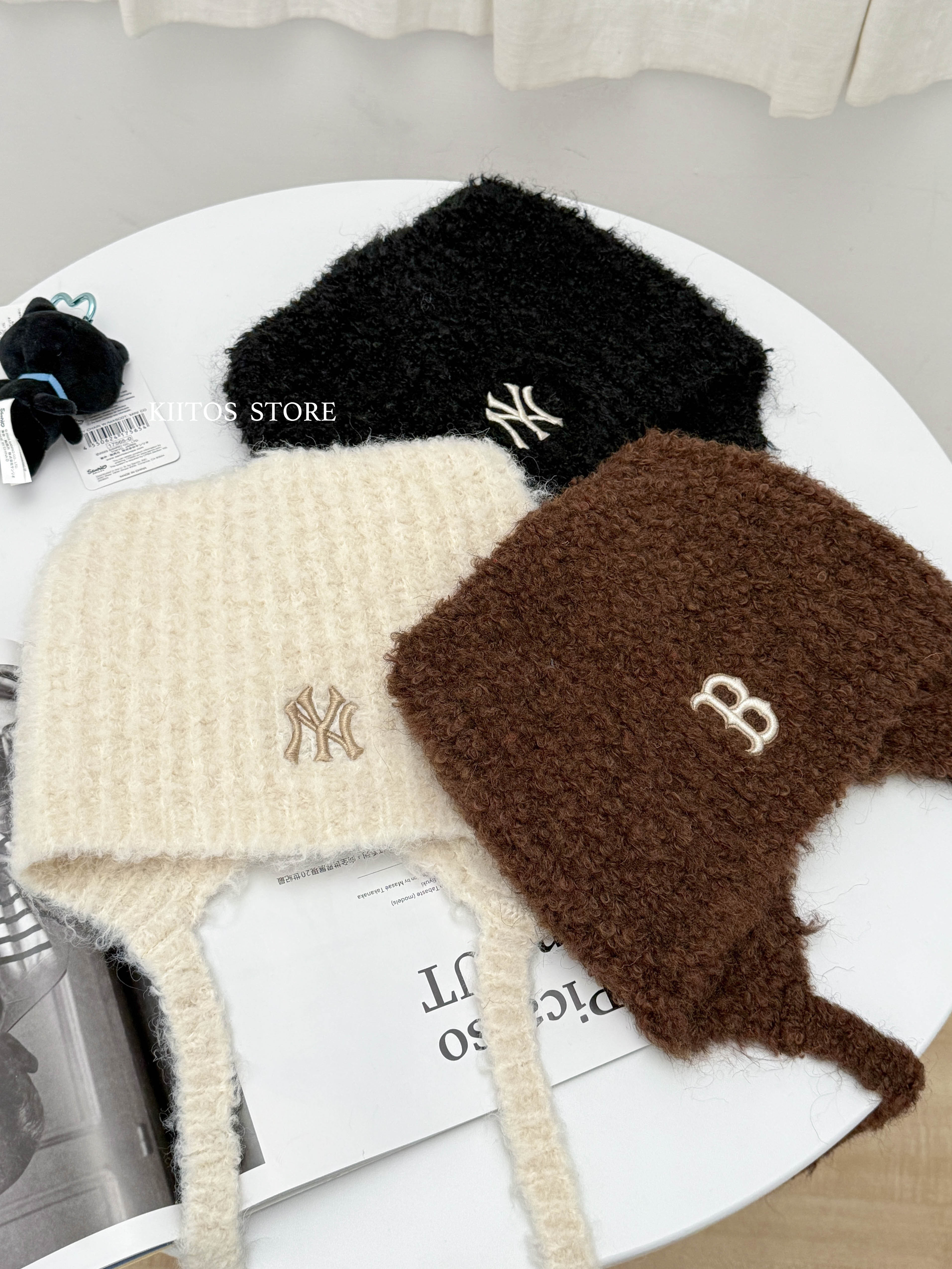 【現貨】MLB Korea 毛帽 貓耳帽 Karina 有線 新品 刺繡 條紋 秋冬 經典LOGO 不分男女 黑色 米色 咖啡