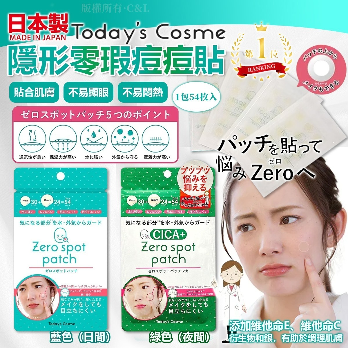 日本製TODAY'S COSME隱形零瑕痘痘貼 1包54枚入