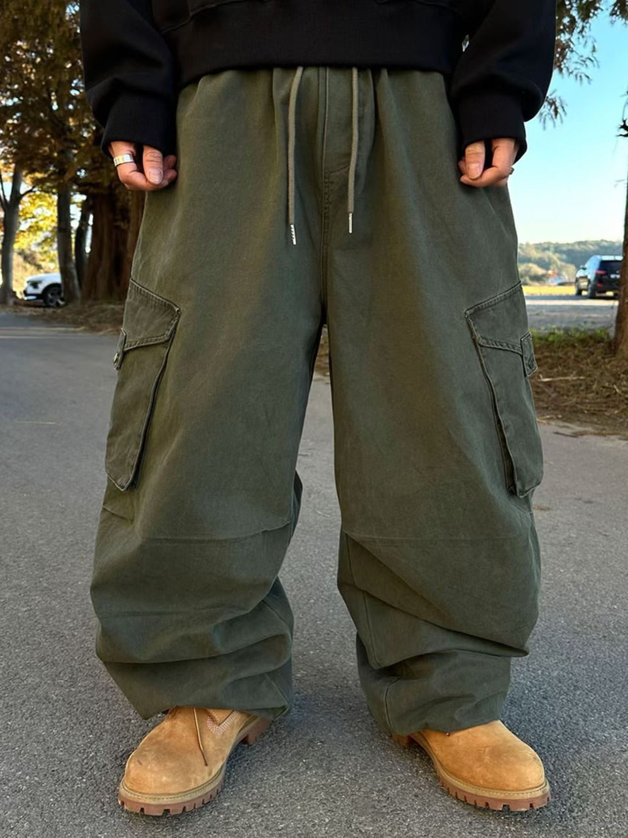 洗水淨色工裝鬆身褲 P3234