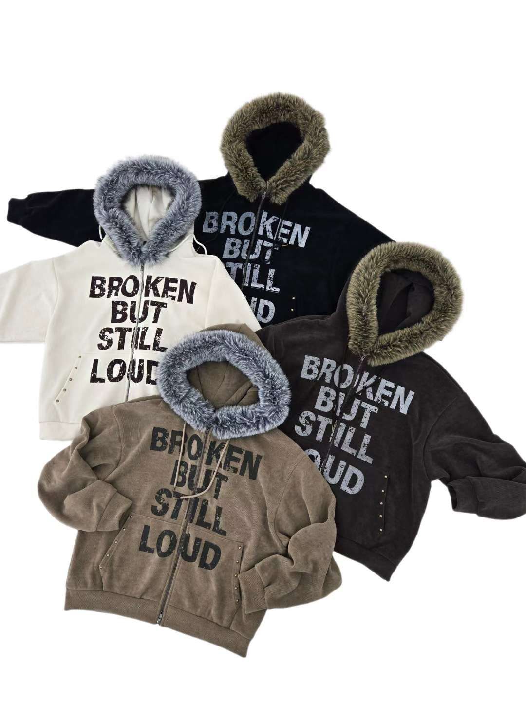 毛毛連帽英文字拉鍊外套(薄抓毛底) JK2749