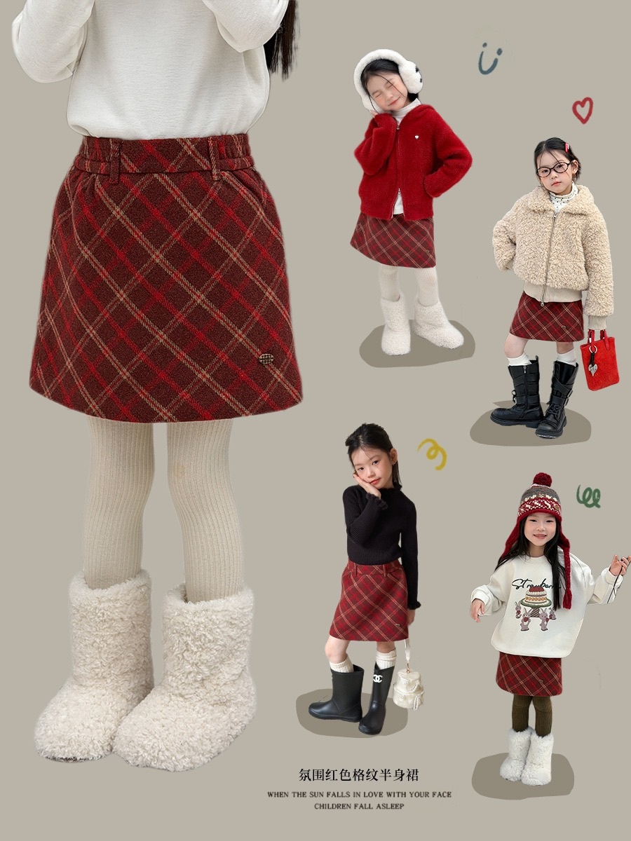 紅色格子毛呢裙