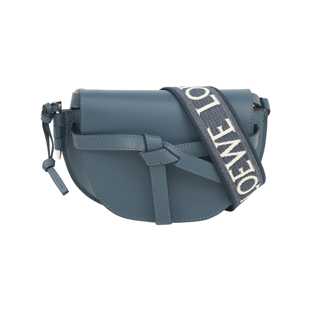 【LOEWE】Gate Mini 新款柔軟小牛皮緹花背帶馬鞍斜背/腰包(瑪瑙藍)