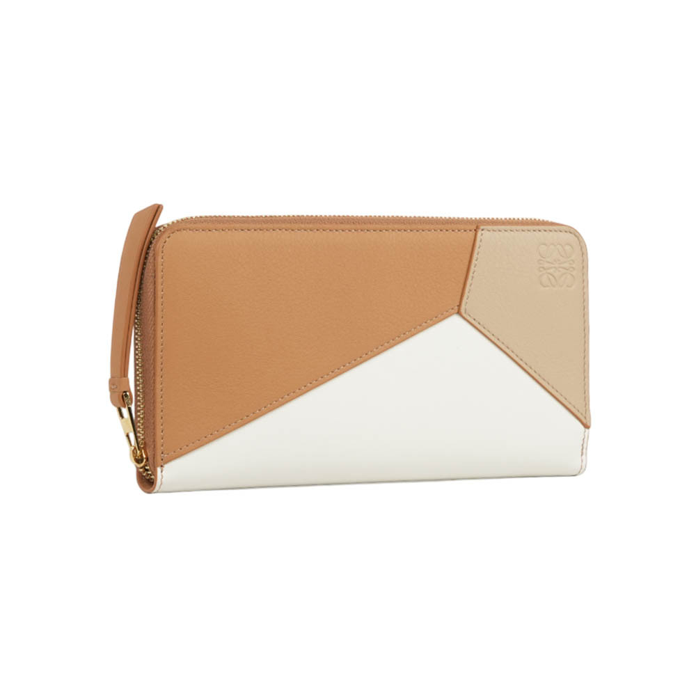 【LOEWE】Puzzle 拼圖小牛皮ㄇ形拉鍊長夾(暖沙色/紙藝白)