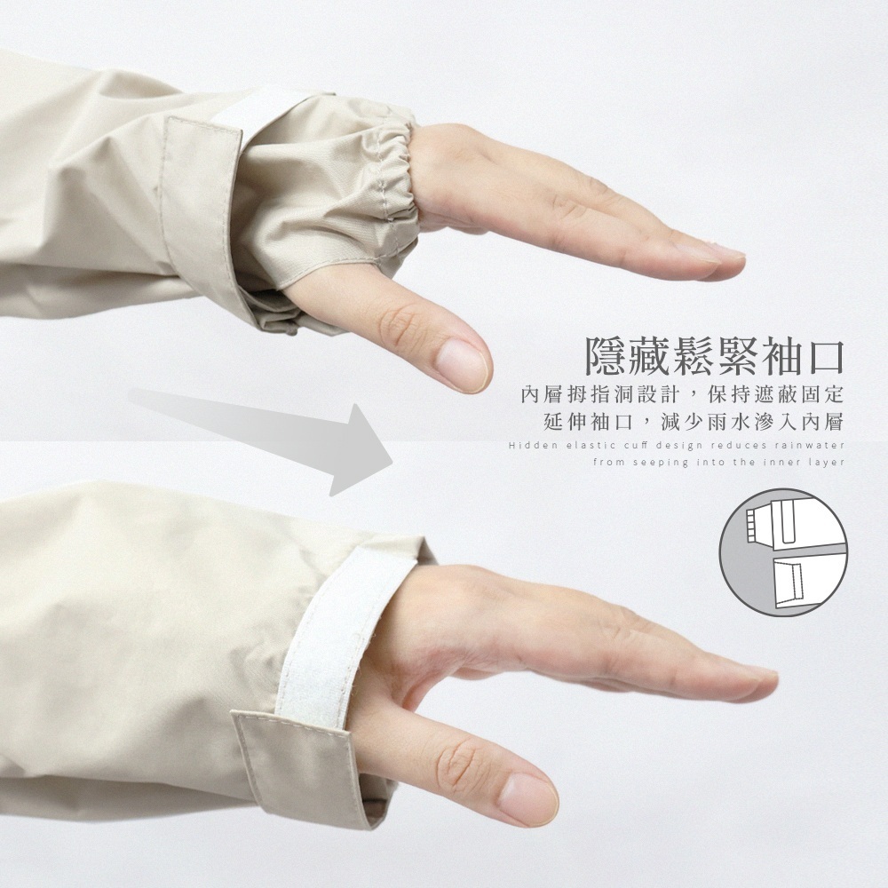 雨之情時尚高機能套裝雨衣_二件式雨衣,隱藏鬆緊袖口,內層拇指棟設計,保持遮蔽固定,延伸袖口,減少雨水滲入內層