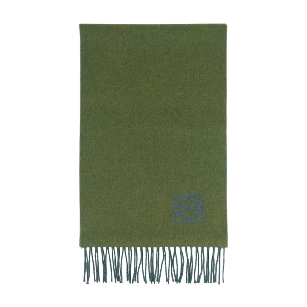 【LOEWE】Anagram 喀什米爾羊毛雙色圍巾(卡其綠/藍色)