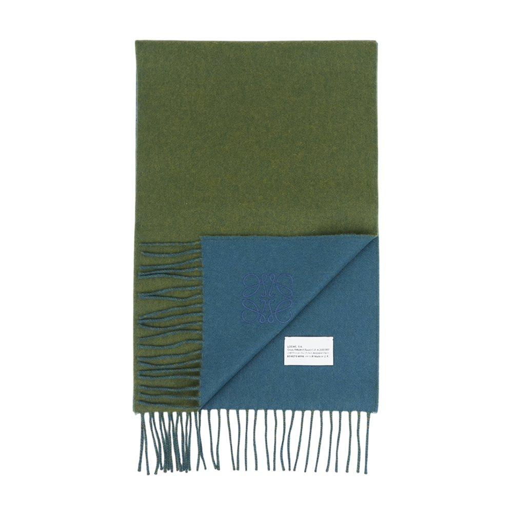 【LOEWE】Anagram 喀什米爾羊毛雙色圍巾(卡其綠/藍色)