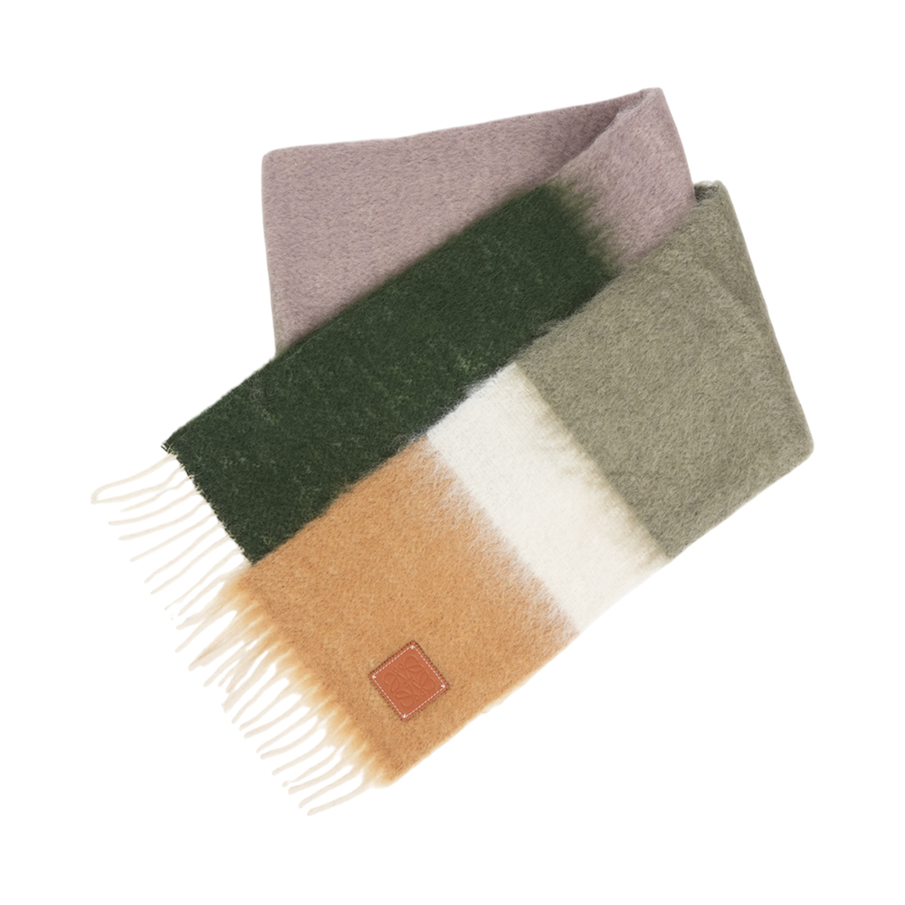 【LOEWE】Anagram 皮標條紋漸層海馬毛及羊毛圍巾(酪梨綠)