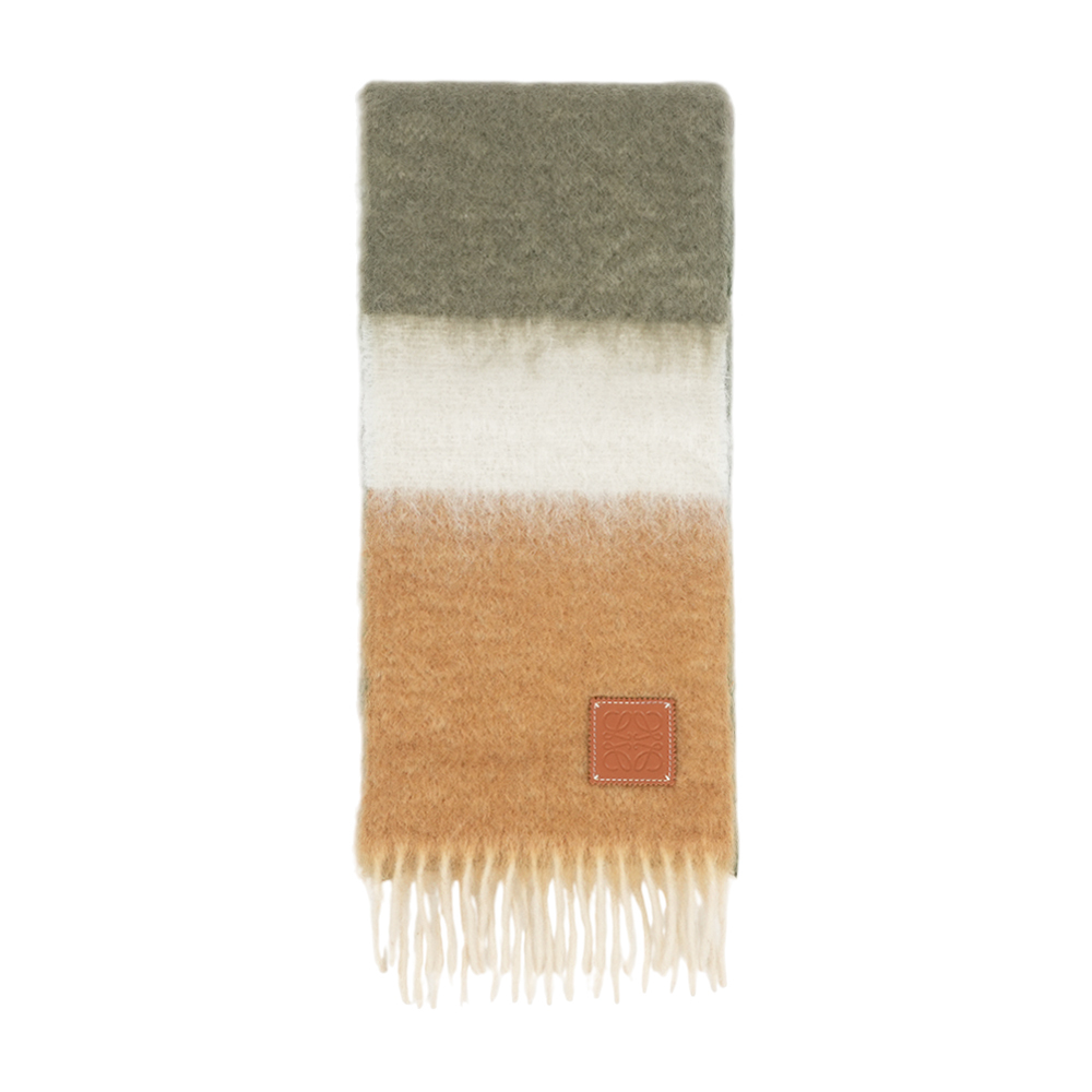 【LOEWE】Anagram 皮標條紋漸層海馬毛及羊毛圍巾(酪梨綠)