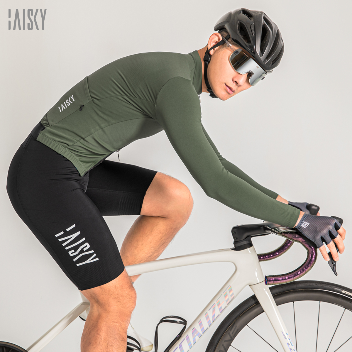 男款雙拉鍊抓絨長車衣 潔淨II 軍綠