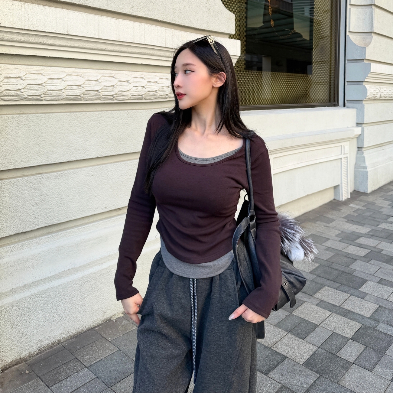 【撞色磨毛】DOMISS顯瘦疊穿長袖上衣 百搭圓領彈力長袖上衣-3色(現+預)