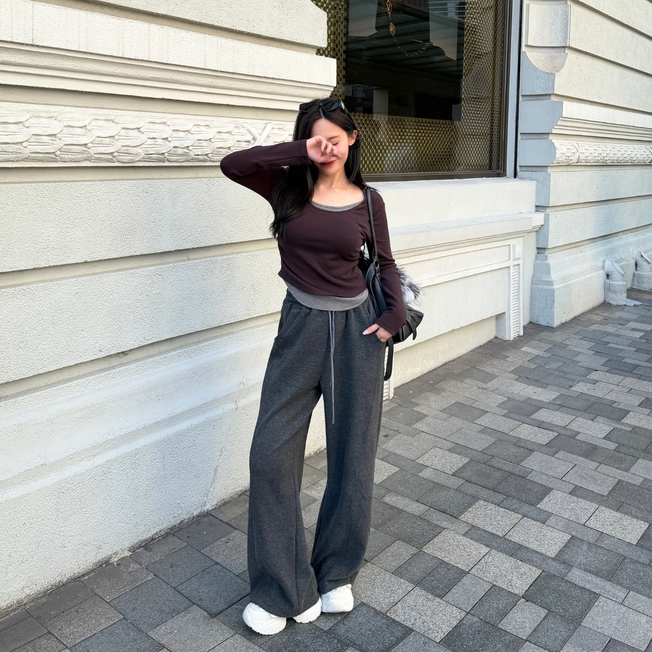 【撞色磨毛】DOMISS顯瘦疊穿長袖上衣 百搭圓領彈力長袖上衣-3色(現+預)