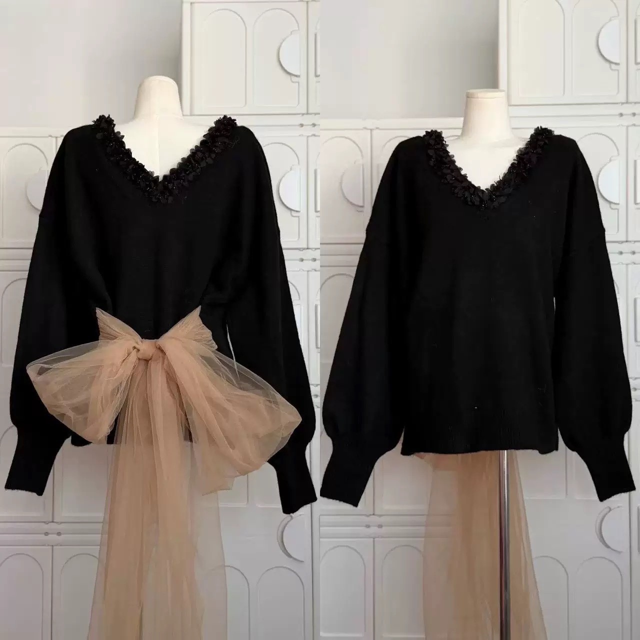 領邊雕花蕾絲腰綁網紗長版針織上衣