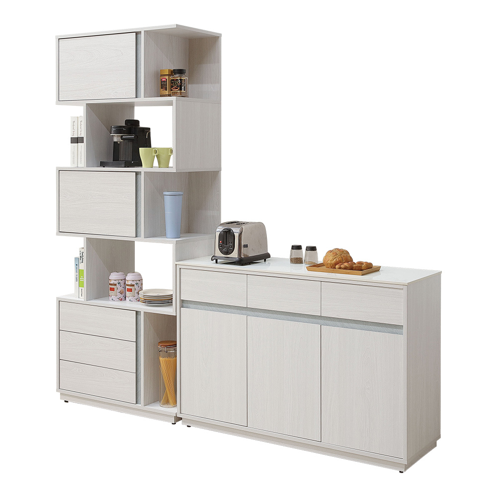 諾拉6.7尺岩板L型收納餐櫃組合(2.7尺高收納櫃+4尺碗盤置物矮櫃)