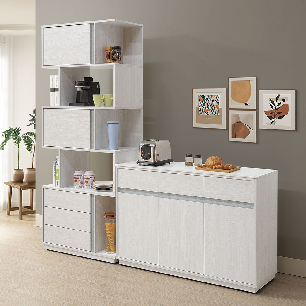 諾拉6.7尺岩板L型收納餐櫃組合(2.7尺高收納櫃+4尺碗盤置物矮櫃)