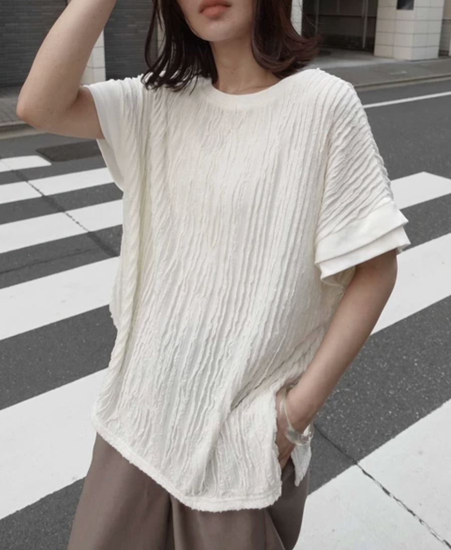 大人感氣質淺藍色疊袖法式T恤(三色入）【日本直送】