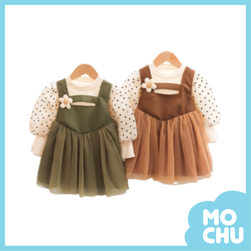 花朵仿皮背心假兩件連身裙(二色)