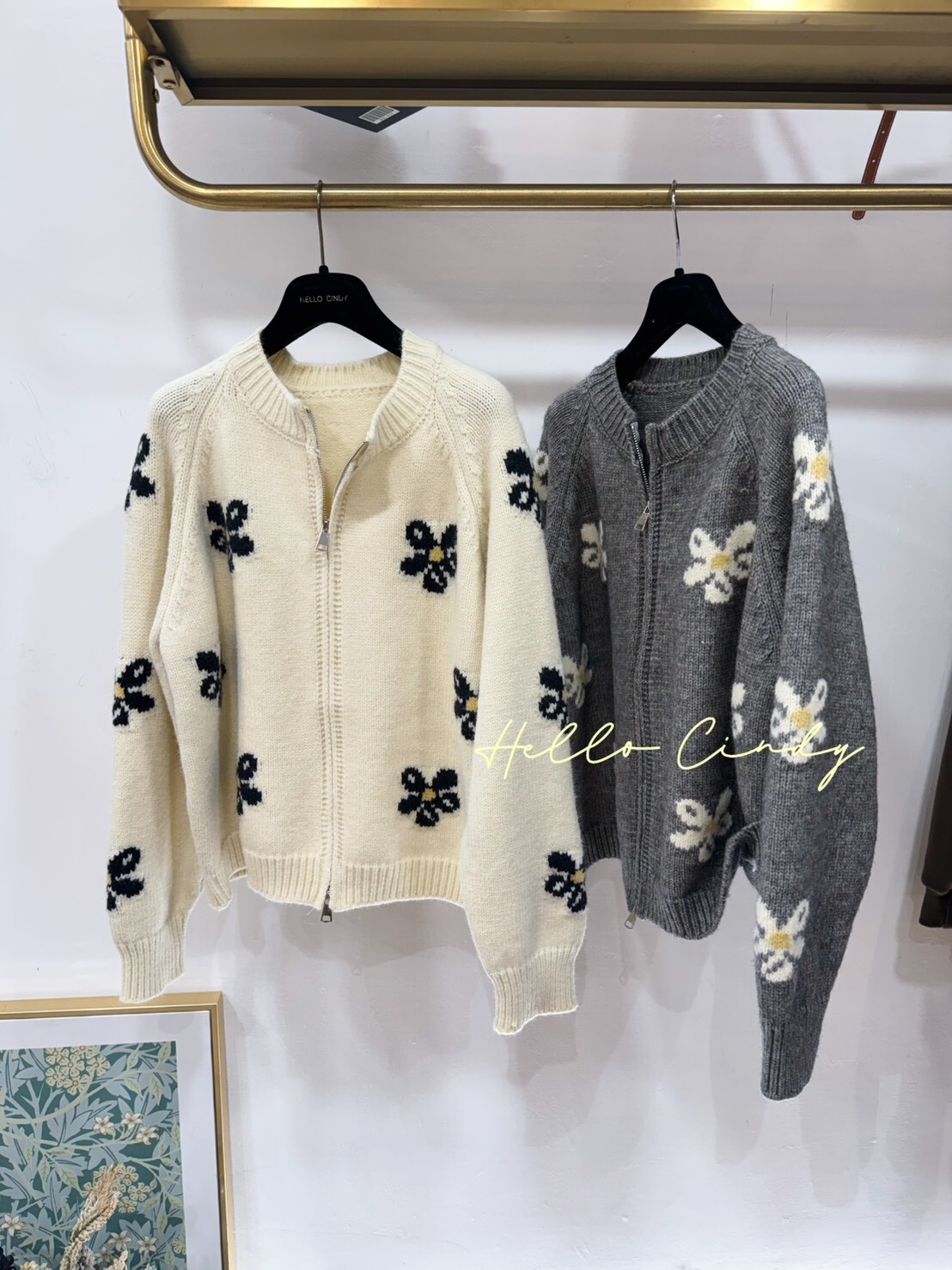 B12122 甜美感滿滿的日系花朵針織拉鏈小外套