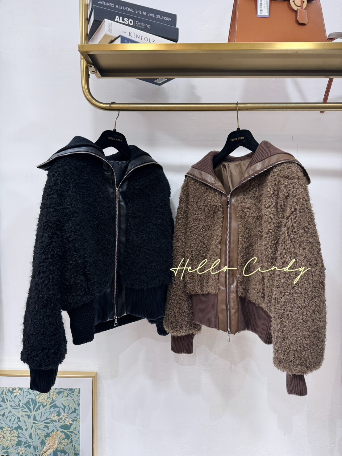 B12135 又帥又甜的捲捲毛拼接皮革針織領拉鍊外套