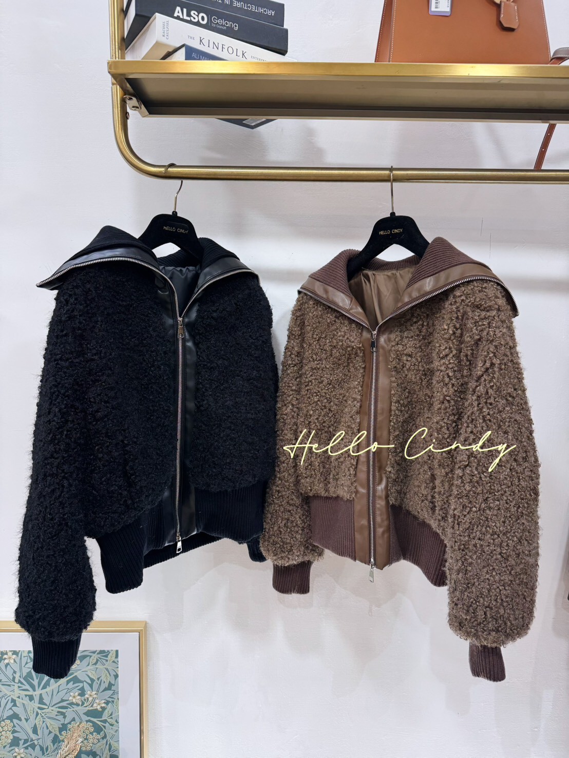 B12135 又帥又甜的捲捲毛拼接皮革針織領拉鍊外套