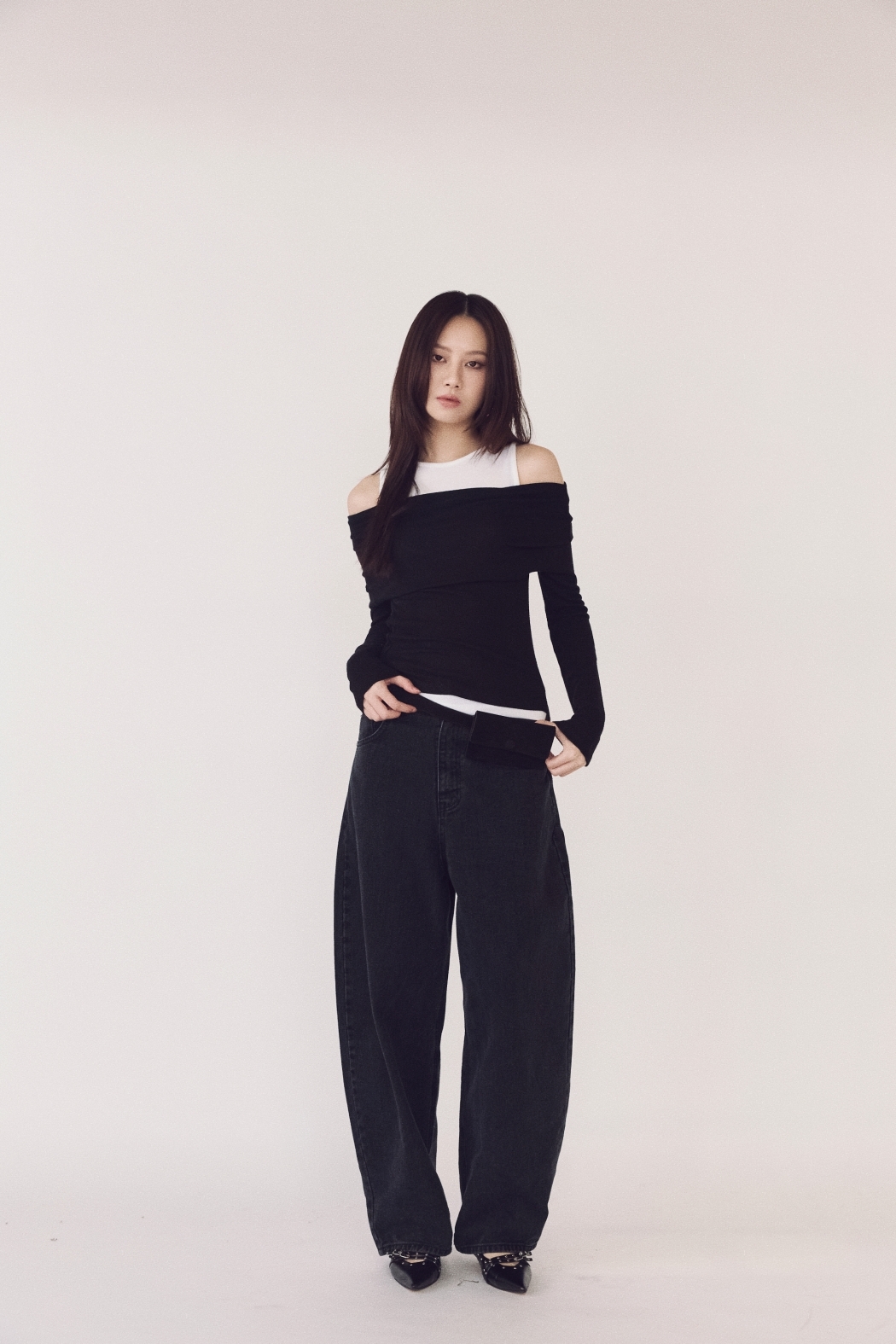 小優雅疊層盪領上衣-黑