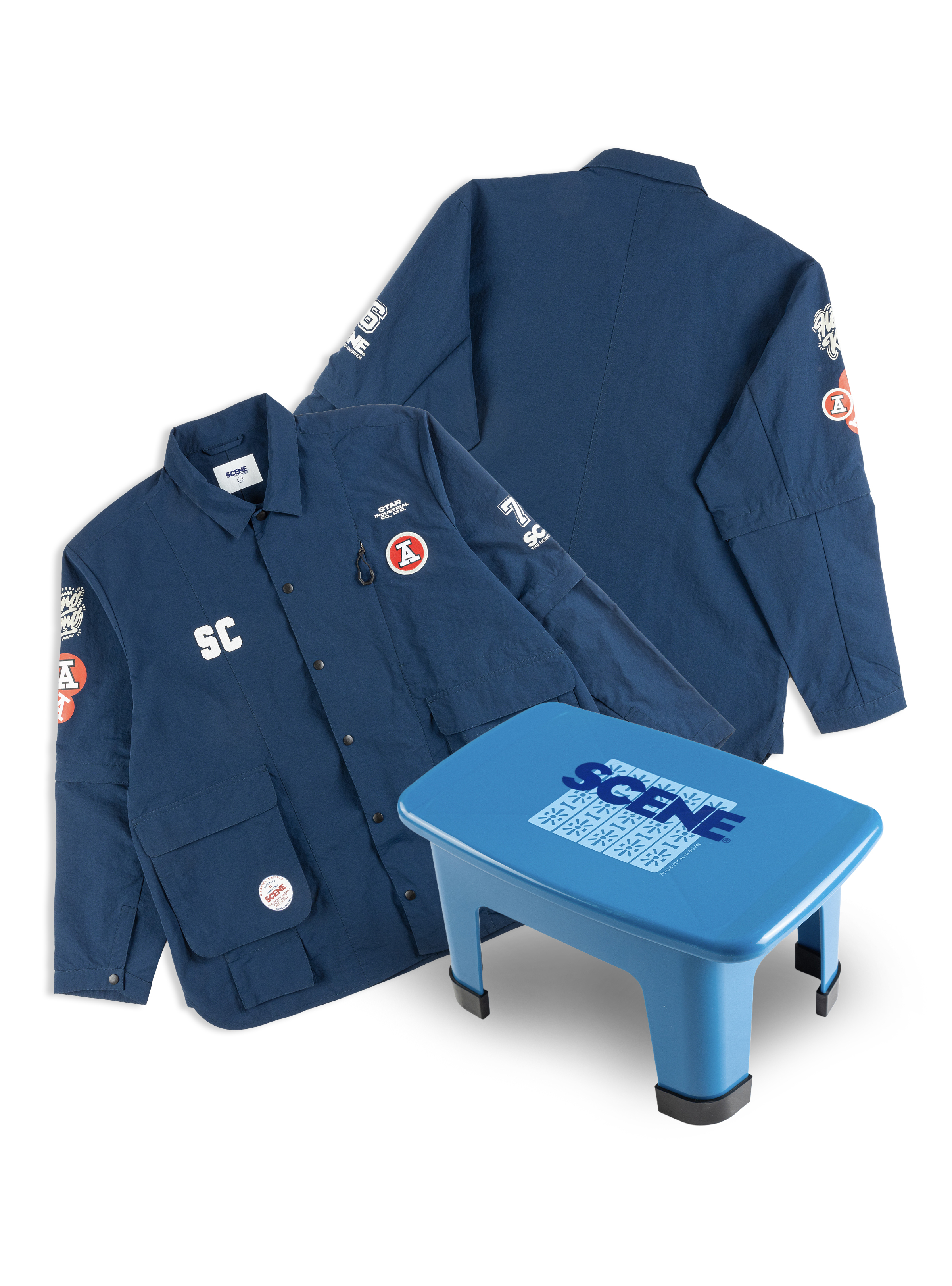 SET A - RED A WORKER //NVY + PLASTIC STOOL // NVY