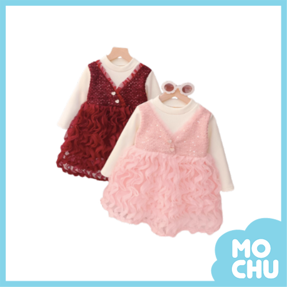 亮片玫瑰波浪加絨連身裙(二色)