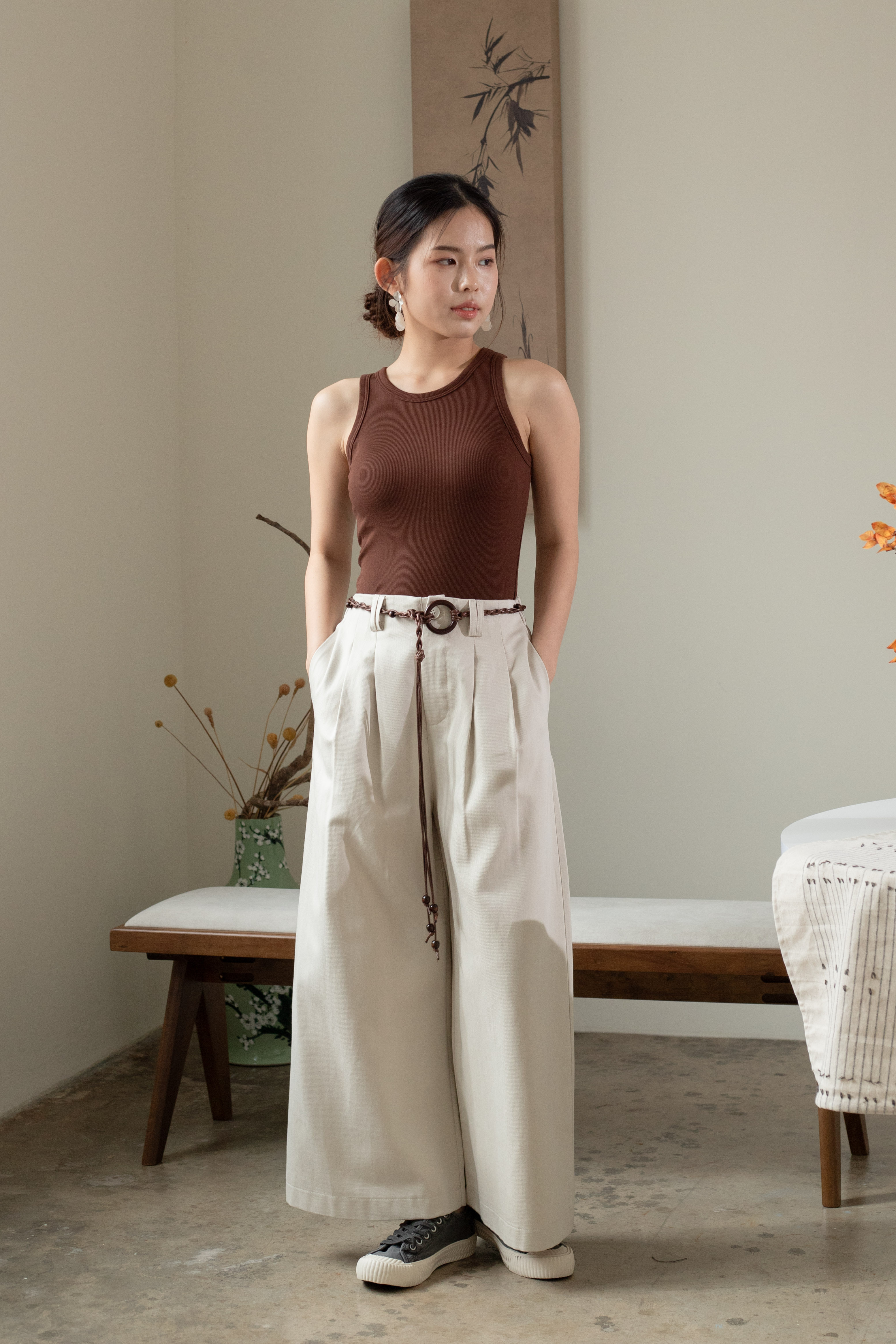 Sijoo Pleated Straight Leg Pants Beige - 2607PLBEI