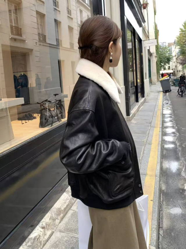 ᴷᴼᴿᴱᴬ 🇰🇷Ｏｕｎｃｅ復古黑皮革羊羔毛翻領飛行外套