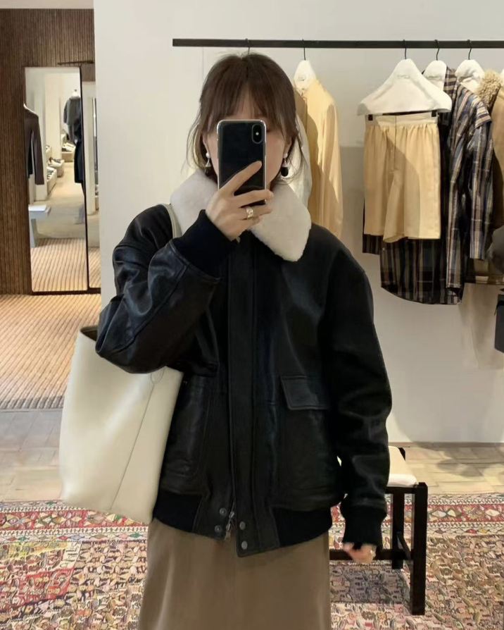 ᴷᴼᴿᴱᴬ 🇰🇷Ｏｕｎｃｅ復古黑皮革羊羔毛翻領飛行外套