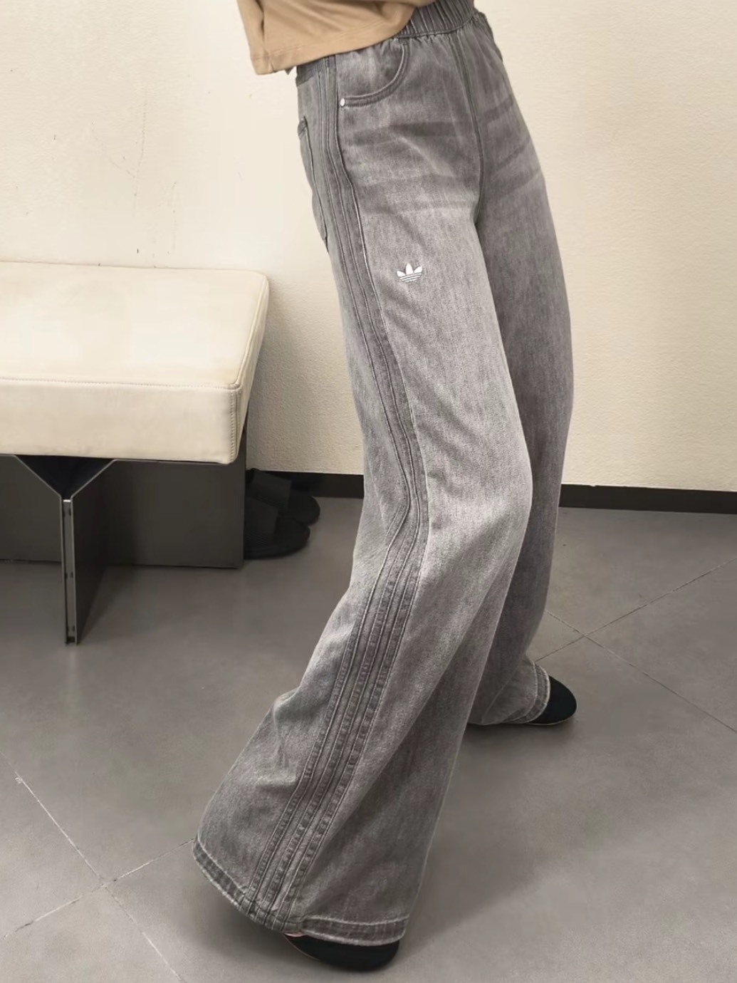 ADIDAS 綁帶 水洗灰黑 闊腿褲