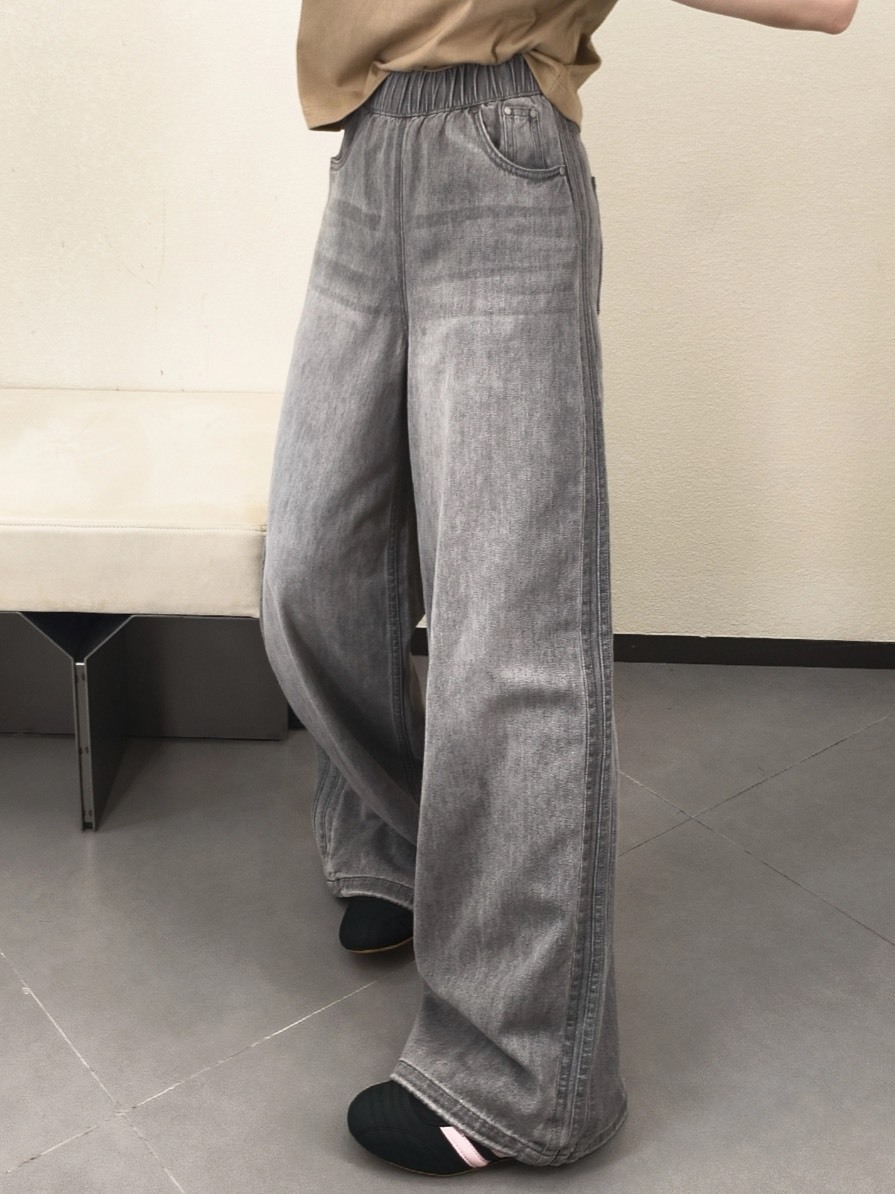ADIDAS 綁帶 水洗灰黑 闊腿褲