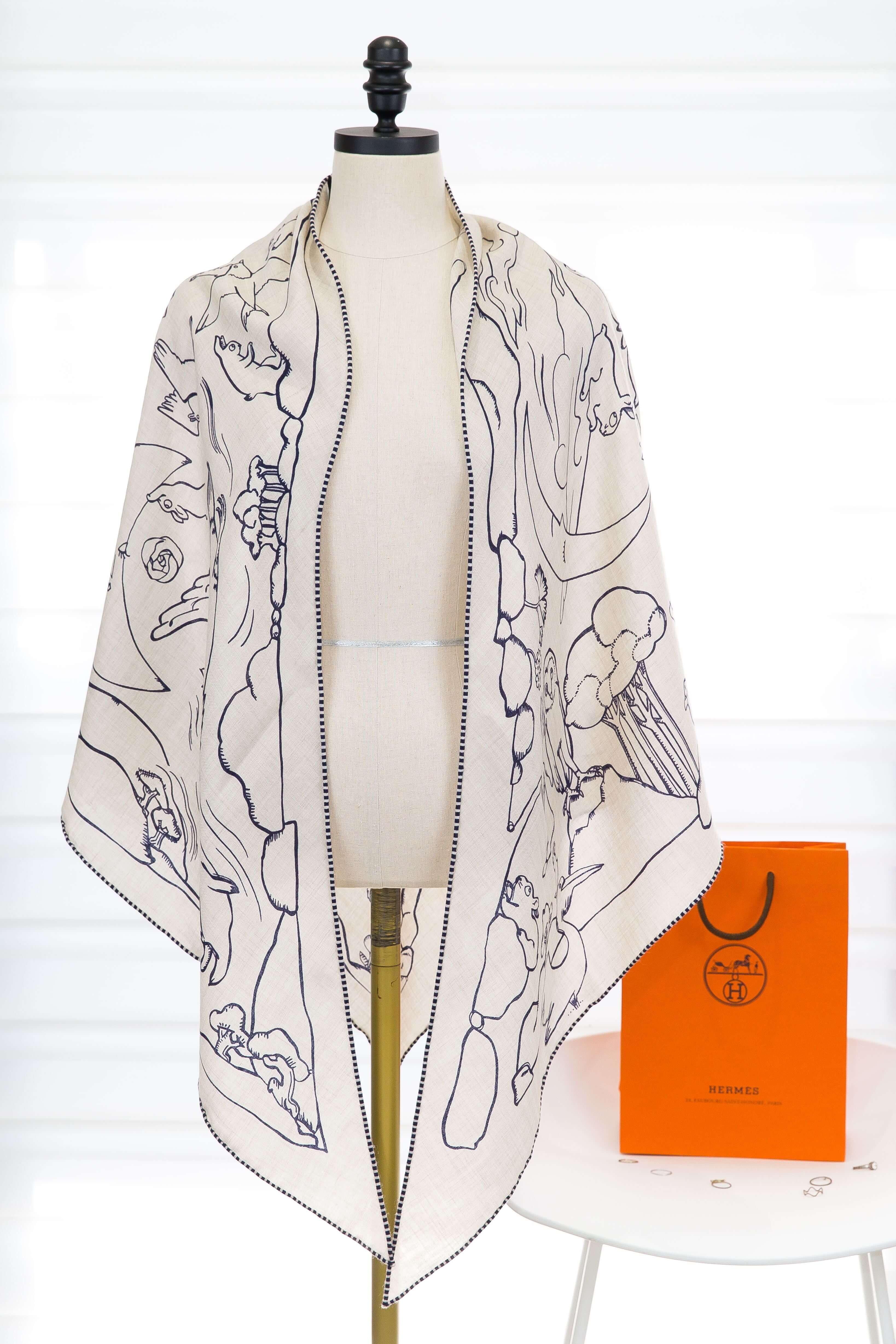 Hermès Mille Et Un Lapins Triangle 自然色/水墨藍一千零一隻兔子咯什米爾真絲三角巾-Charline Boutique 精品代購