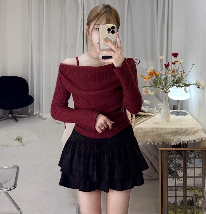 ❥現貨 假兩件蝴蝶結露肩針織衫（有肩帶）