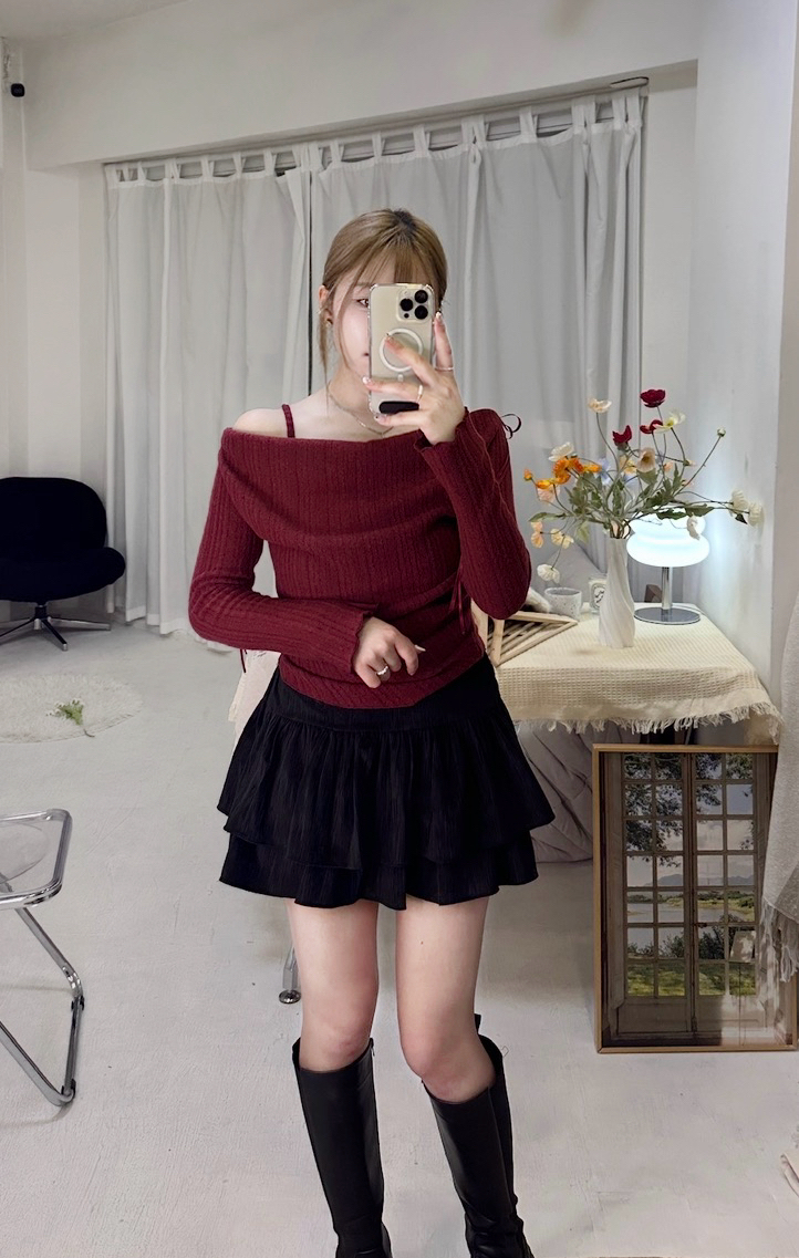 ❥現貨 假兩件蝴蝶結露肩針織衫（有肩帶）