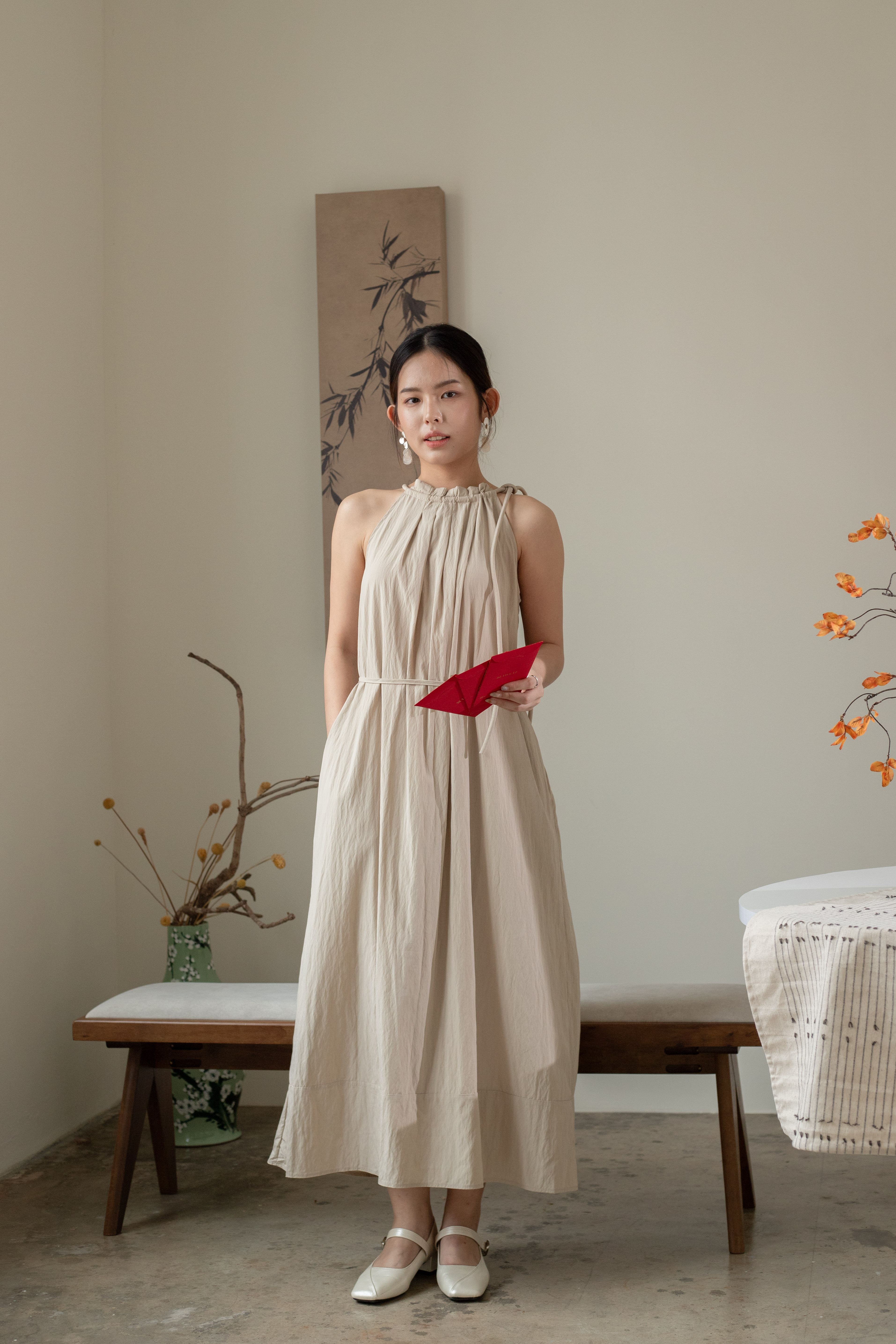 Tasha Pleated Dress Beige -2610DLBEI