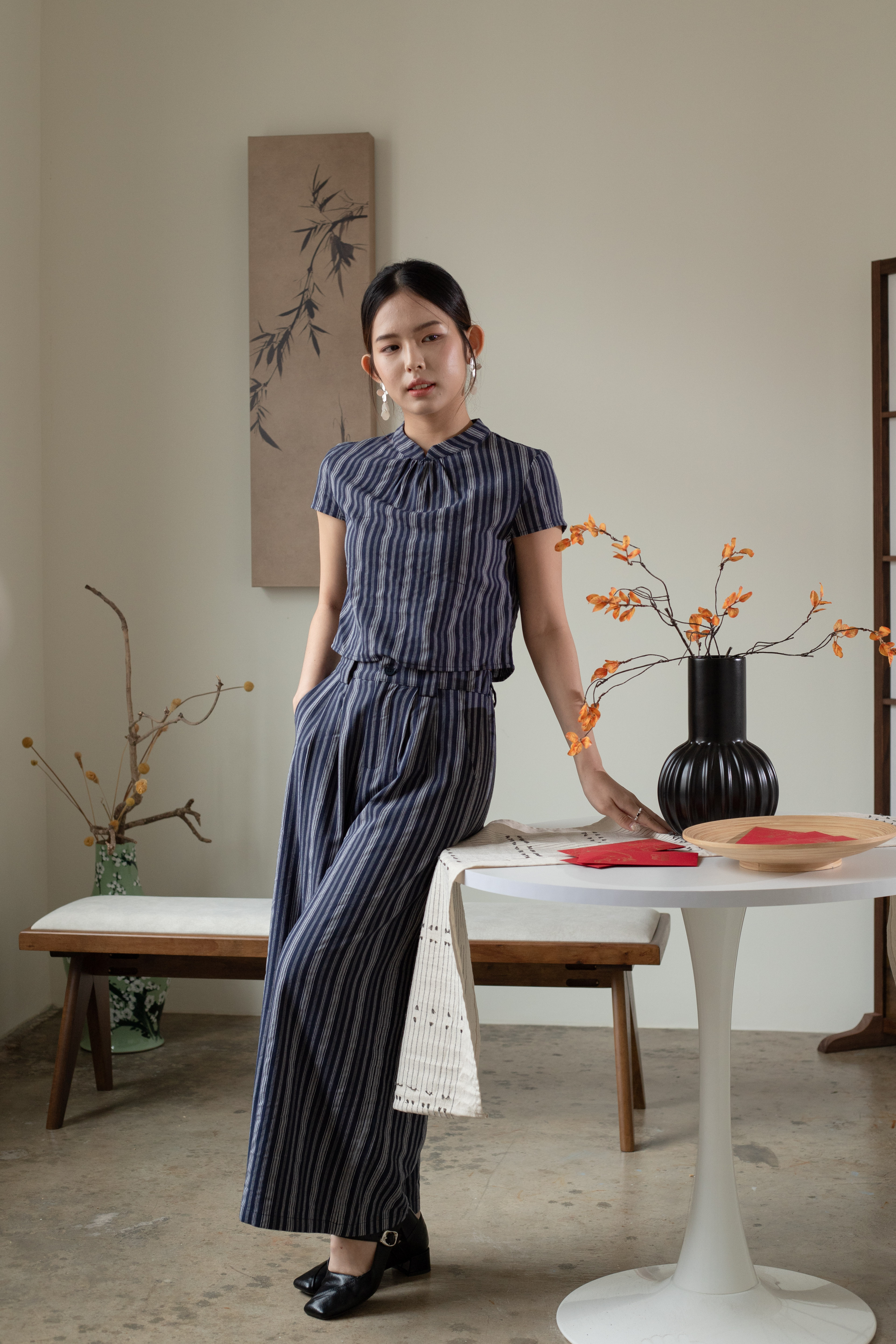 Luo Yi Pleated Straight Leg Pants Navy-2597PLNAV