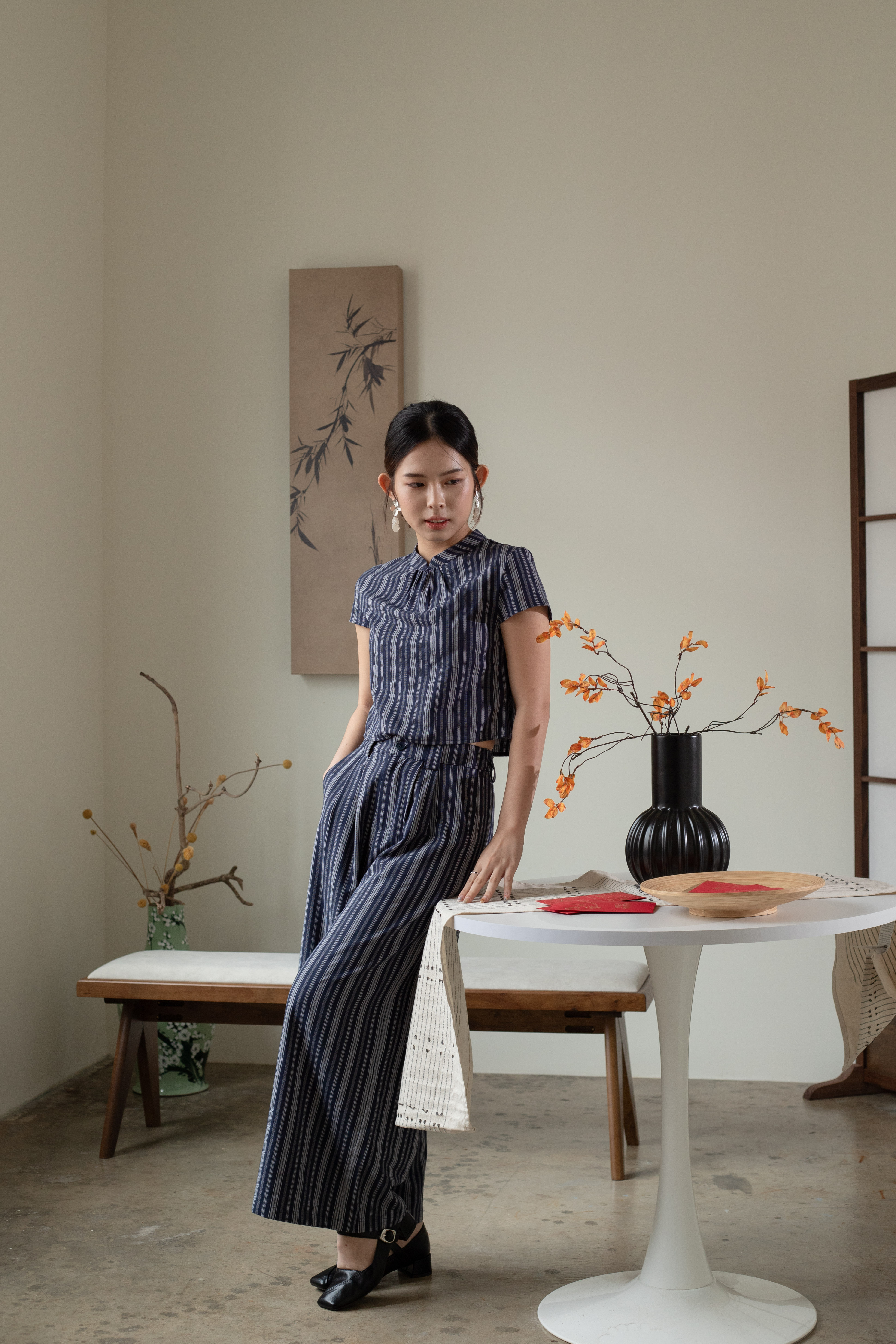 Luo Yi Pleated Straight Leg Pants Navy-2597PLNAV