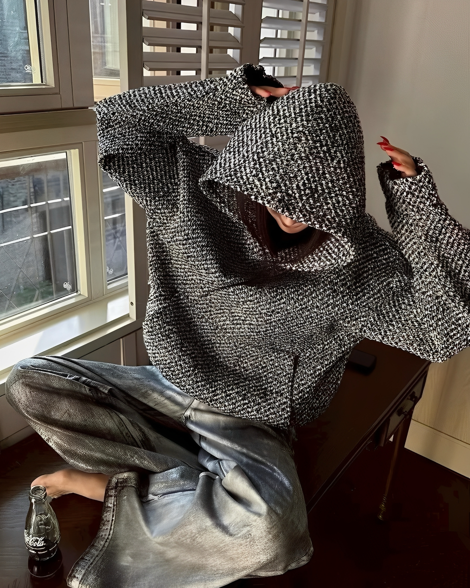 小香風 千鳥格 編織感 針織 連帽 長袖 帽T