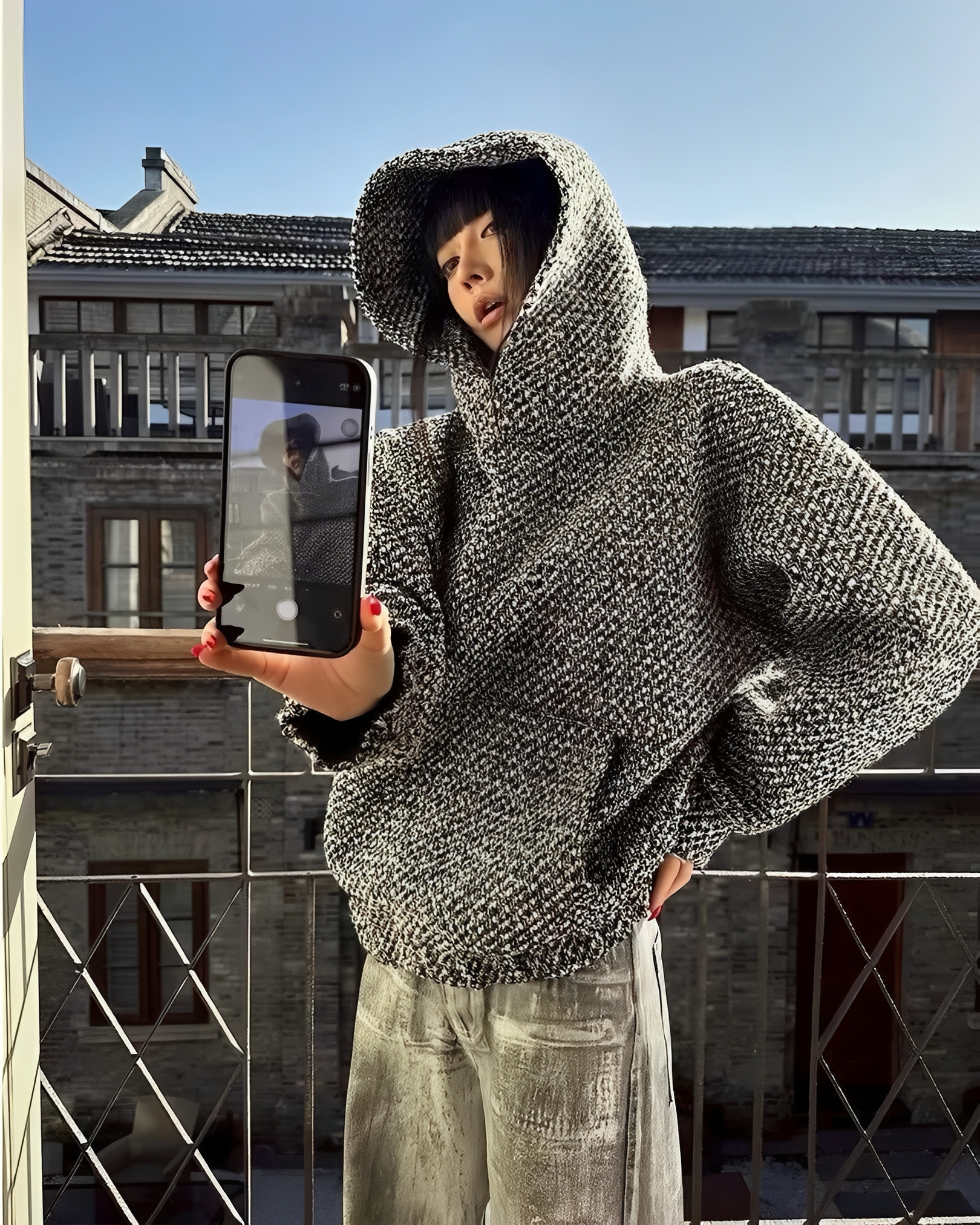 小香風 千鳥格 編織感 針織 連帽 長袖 帽T