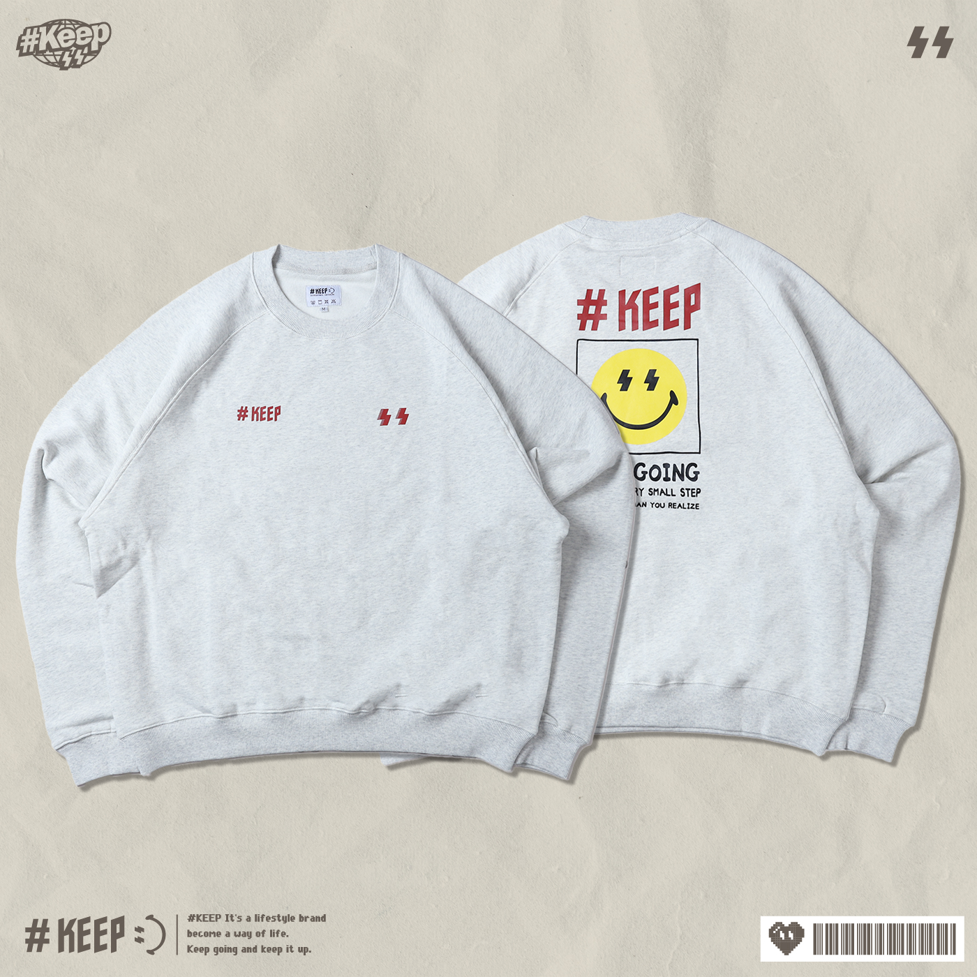 #KEEP SMILEY CREWNECK 淺灰色 黑色 印花 寬版 落肩 保持微笑 笑臉 大學T 長T【KS333】