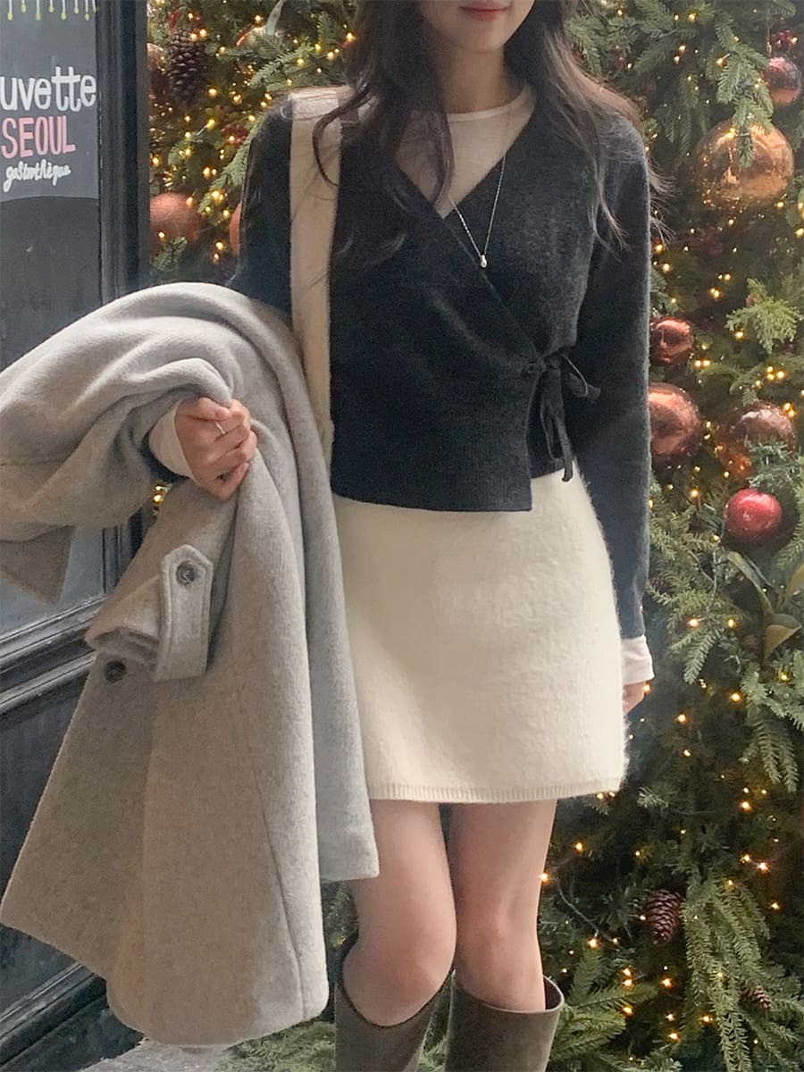 韓國Cherrykoko授權 法式慵懶交叉領口側綁帶針織衫